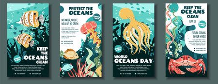 World Oceans Day Social Media Story Templates. Flat Design Butterflyfish, crab, Octopus on Coral Reef. Vertical Illustration Is Ideal for Social Media Campaigns Supporting Marine Conservationのイラスト素材