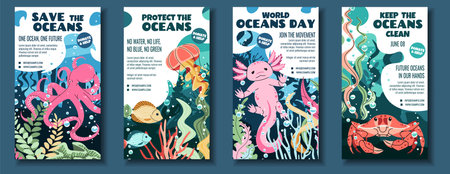 Social Media Story Templates.Tropical Fish, Jellyfish, Octopus, Crab and Axolotl in Flat Design. Perfect for Marine Conservation Posts, Aquarium Ads and Ocean-Themed Content. Vector Graphics.のイラスト素材