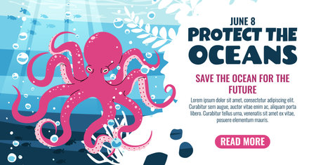 World Oceans Day Horizontal Banner Featuring a Pink Octopus in Coral Reef Habitat. Celebrate and Protect Marine Biodiversity. Vibrant Underwater Design Perfect for Websites Social Media.のイラスト素材
