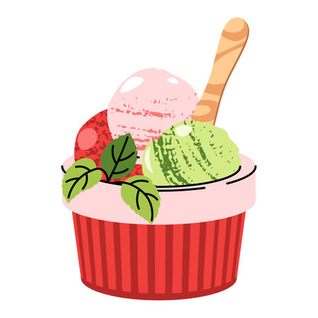 Watermelon sorbet in a cup with wooden spoon. Flat Ice cream illustration on white. Summer dessert, healthy sweet treat. Ideal for logos, stickers, food packaging, cafe branding, social mediaのイラスト素材