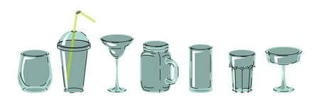 Empty Glass and Cocktail Glass Set in Flat Design on White Background. Minimalist Vector Illustrations for Beverage Packaging, Drink Branding, Labels, Summer Graphics and Creative Projectsのイラスト素材