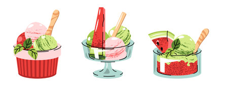 Watermelon Sorbet Illustration Set with Fruit Piece in Glass Bowl or Cup with Wooden Spoon on White Background. Flat Design Ice cream Collection for Stickers, Logos, Summer Graphics, Food Packaging.のイラスト素材