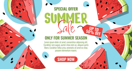 Summer Sale Banner with Watermelon, Flat Design Horizontal Promo Template. Juicy Fruit Slices Background for Discount Offer, Marketing Campaign. Perfect for Social Media, Website, Email Marketingのイラスト素材