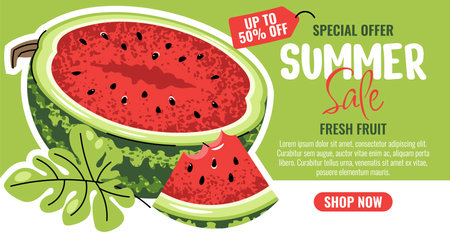 Summer Sale Banner with Half Watermelon, Flat Design Horizontal Promo Template. Fruit Background for Seasonal Discount, Food Marketing, Grocery Ads Social Media Campaign, Website, Store Promotionのイラスト素材