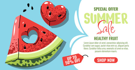 Summer Sale Banner with Watermelon slice with heart-shaped cutout. Horizontal Design for Summer Promotions, Online Stores, Retail Ads, Social Media and Digital Marketing Use.のイラスト素材