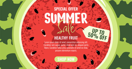 Watermelon Summer Sale Banner, Flat Design Horizontal Vector Template. Fresh Fruit Background for Promotion, Discount Campaign, Marketing Material. Perfect for Social Media, Website, Email Newsletterのイラスト素材