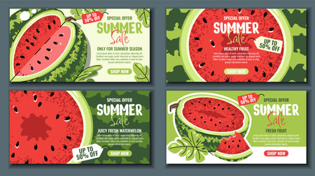 Watermelon Sale Banners Set, Flat Design Horizontal Templates with Fresh Fruit. Summer Promotion Backgrounds for Food Marketing, Grocery Discount, Social Media. For Supermarket, Juice Barのイラスト素材