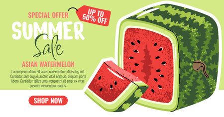 Asian Inspired Square Watermelon Banner, Flat Style Horizontal Sale Promotion. Exotic Fruit Background for Summer Discount, Supermarket, Digital Campaigs. Ideal for Social Media, Online Storeのイラスト素材