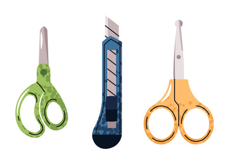 Scissors and Craft Knife Set in Flat Design on White Background. Office and School Cutting Tools for Paper Crafts, Stationery Kits. Ideal for Packaging Design, Educational Materials, Creative Contentのイラスト素材