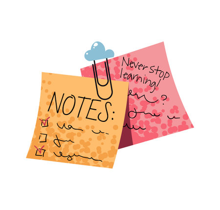 Sticky Note with Motivational Quote and Paperclip in Flat Style on White Background. Inspirational Office and School Memo for Bulletin Boards, Planners, Social Media. Ideal for Productivity Contentのイラスト素材
