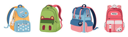 Set of different school backpack and schoolbag. Collection of children bags. Hand drawn vector illustration on isolated background. Modern flat cartoon style. Back to school, stickers.のイラスト素材