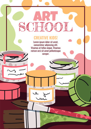 Art Class for Kids. Painting Lessons Poster Template. Vibrant Flat design with gouache jars with brushes. Banner for Children's Creativity Studio, Online Art Courses or Preschool Painting Workshops.のイラスト素材