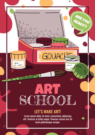 Art Class for Kids. Painting Lessons Poster Template. Vibrant Flat design with gouache jars with brushes. Banner for Children's Creativity Studio, Online Art Courses or Preschool Painting Workshops.のイラスト素材