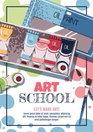 Art Class Poster Template. Art Studio Cover for Kids and Adults. Oil Paints and Brushes in Flat Style. Banner for Fine Art Courses, Creative Workshops and Painting Lessons. Trend doodle Illustrationのイラスト素材