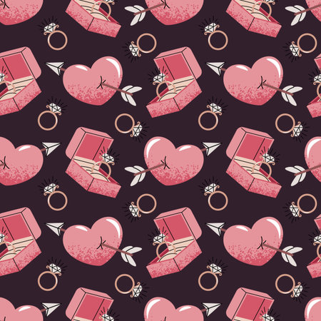 Seamless Pattern With Engagement Ring Box And Cupid's Arrow Heart In Flat Style. Wedding Proposal Texture For Fabric, Background, Packaging, Wallpaper And Surface Design. Eternal Commitment Conceptのイラスト素材