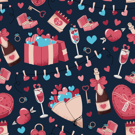 Seamless Pattern With Gift Box, Champagne, Bouquet And Hearts In Flat Style. Ultimate Valentine's Day Celebration Texture For Fabric, Background, Packaging, Wallpaper And Surface Designのイラスト素材
