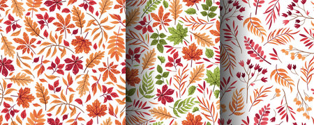 Set of Seamless Patterns with Various Autumn Leaves. Background wth Oak, Maple, Rowan and More in...