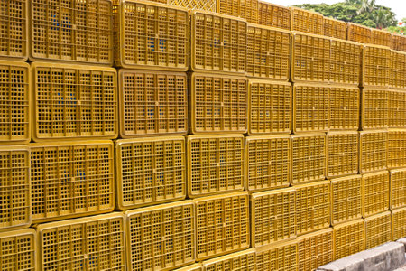 Background with plastic baskets stacked in the bazaar の写真素材