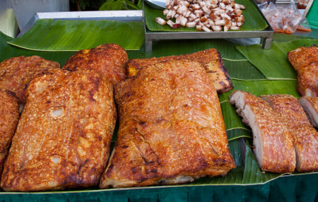 Grilled pork paste, sold in the market の写真素材