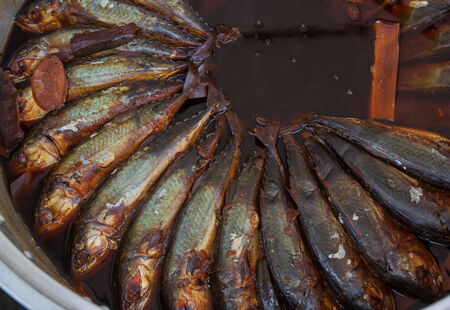 Mackerels boiled with sweet and salt sauce for sell,Thailand market.の写真素材