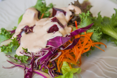 Vegetables salad topped with salad dressing.の写真素材