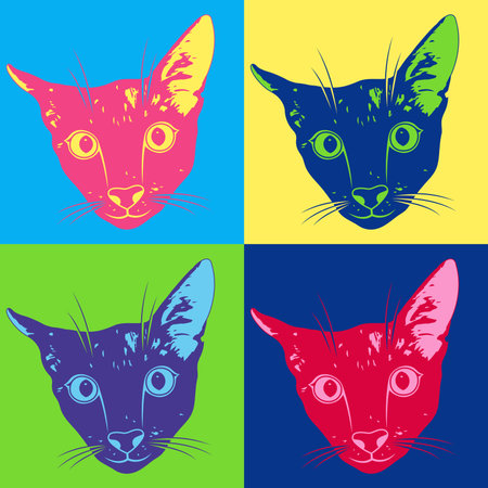 A vector cat with different colors in a pop art style, with a colorful background.のイラスト素材