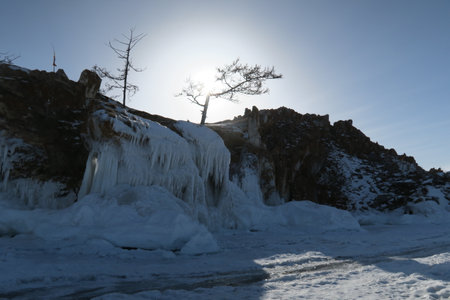 Icicles on Olkhon Island, Lake Baikal, Siberia, Russiaの写真素材