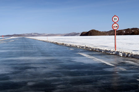 Ice on the road in winter, Lake Baikal, Siberia, Russiaの写真素材
