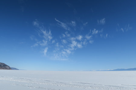 View of Lake Baikal in winter, the deepest and largest freshwater lake by volume in the world, located in southern Siberia, Russiaの写真素材