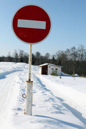 Road sign  No Entry  at the road leading to the female toiletの写真素材