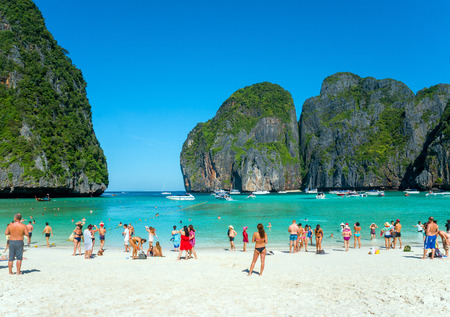 Phi Phi Island, Thailand. December 11, 2014. Tourists on the beach of Maya Bayのeditorial素材