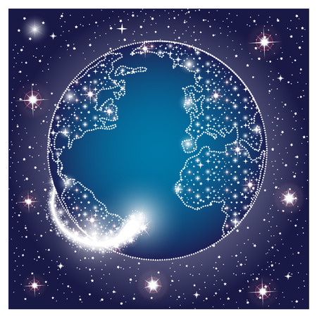 Earth planet in dark space with glowing sparkle stars. Vector illustration space conceptのイラスト素材