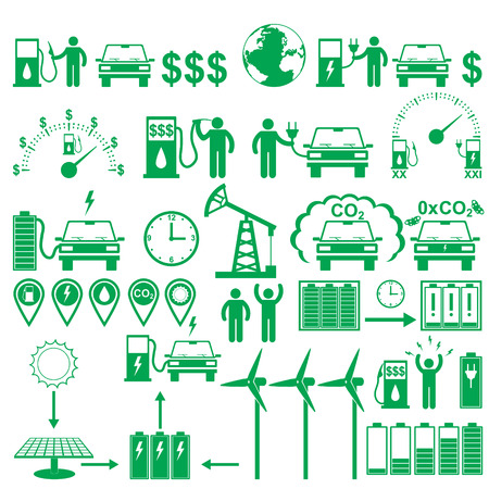 Vector electric cars stick pictograms set. Ecology and environment infographics elementsのイラスト素材