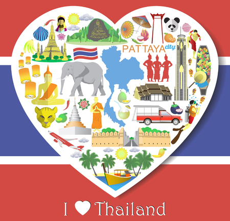 Thailand love. Set vector thai icons and symbols in form of heartのイラスト素材