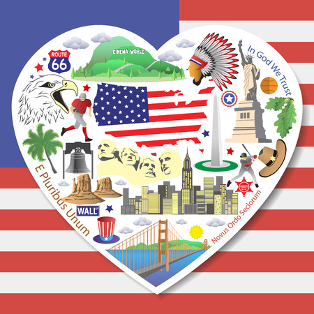 USA Love. Set american icons and symbols in form of heartのイラスト素材