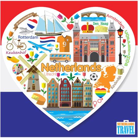 Netherlands love.Set colored flat vector icons and symbols in form of heartのイラスト素材