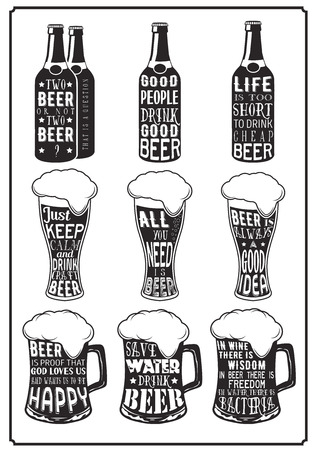 Set of different beer posters with aphorisms in retro vintage style lettering on beer glassware backgroundのイラスト素材