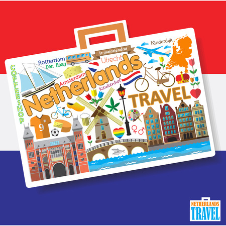 Netherlands travel. Set dutch vector icons and symbols in form of suitcaseのイラスト素材