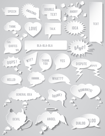 Set of different flat white Speech bubbles for talk and quotes on a gray backgroundのイラスト素材