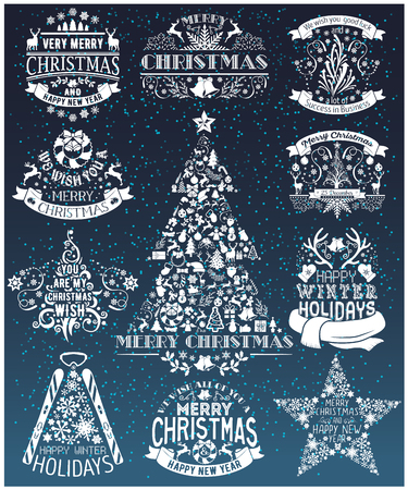Vintage Merry Christmas And Happy New Year collection of calligraphic and typographic design with labels, symbols and icons elementsのイラスト素材