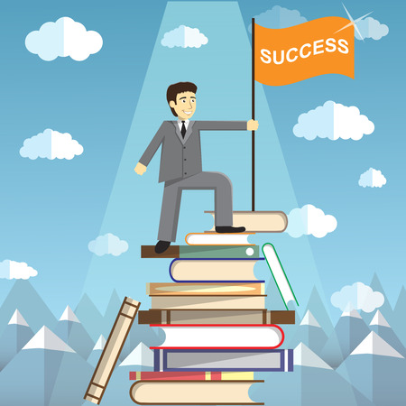 Knowledge Is The Path To Success. The man on top of a mountain of books.  Conceptual web illustration for power of knowledge. Students Reaching New Heights Through Books and Learningのイラスト素材