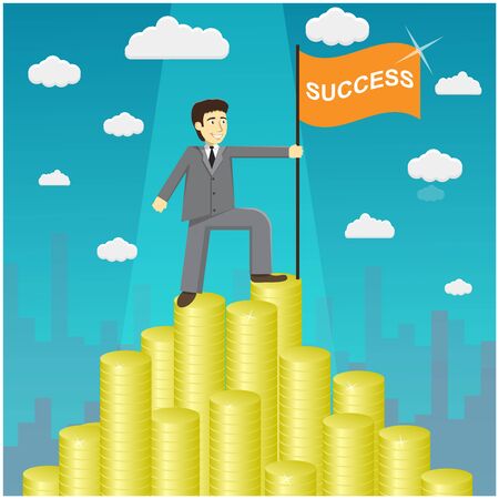 Vector illustration of businessman proudly standing on the huge money staircase. Flat style business concept. Money mountain peak. Path to success conceptのイラスト素材