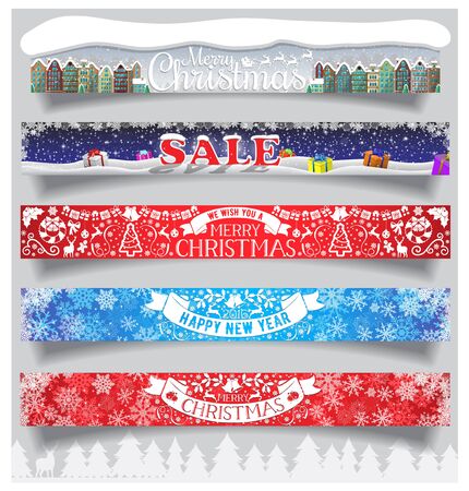 Merry Christmas big horizontal banners set. Happy New Year banners with calligraphic and typographic labels, symbols and icons elements. Standard for web proportions. Winter sale Vector illustration.のイラスト素材