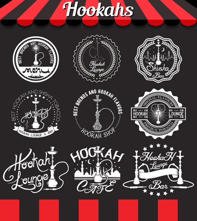 Shisha icons, labels, signs, symbols and badges on blackboardのイラスト素材