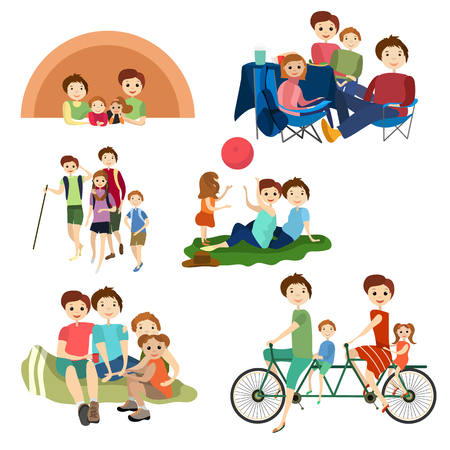 Vector flat icons set of family characters camping, hikingのイラスト素材