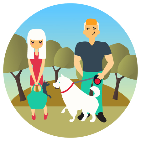 Man and woman met in a park while walking out dogs. Vector cartoon people characters in flat style design. Cute dogs with their owners.のイラスト素材