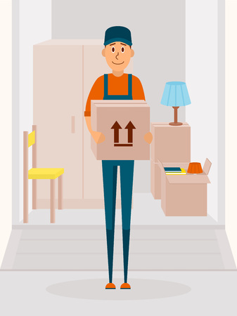 Relocation service concept vector poster. Delivery man cartoon vector character. Man hold the cardboard box. Illustration in flat style design.のイラスト素材