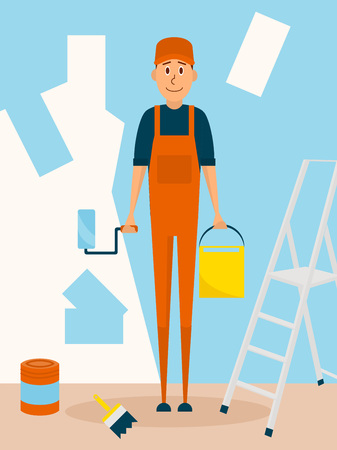 Craftsman worker paint the wall. Vector cartoon character in flat style design. Painter man holds paintroller and paint bucketのイラスト素材