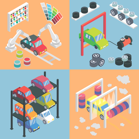 Car service center isometric icons. Vector flat 3d design elements. Auto painting, collision repair, multi level parking, car wash, change tyres, Car mechanic garage.のイラスト素材