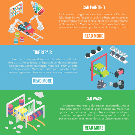 Car service center isometric horizontal banners. Vector flat 3d design elements. Auto painting, collision repair, car wash, change tyres, Car mechanic garage.のイラスト素材